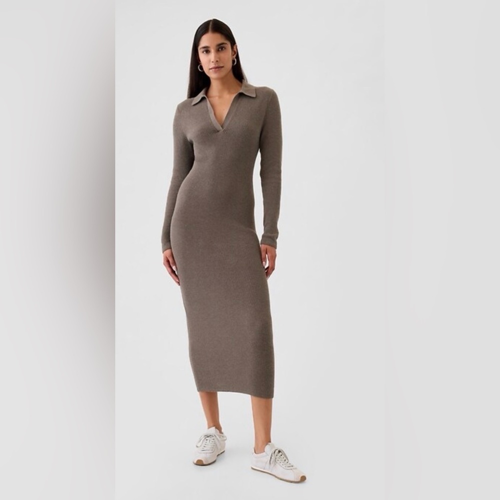 GAP Rib Johnny-Collar Brown Midi Dress